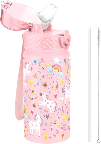 Fringoo - Borraccia Per Bambini Con Cannuccia, 100% Senza BPA, 600 Ml Per Scuola Materna Bottiglia Da Viaggio Per Bambini Bambino Cuore Rainbow Pixel 600 Ml