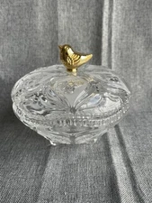 Gold Bird Garden Glass Covered Candy Dish Flowers Birds Molded 3 Leg Wave Edge