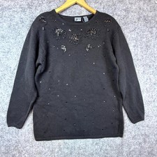 Vintage Liz Wear Sweater Womens Medium Black Embellished Beaded Evening Glam