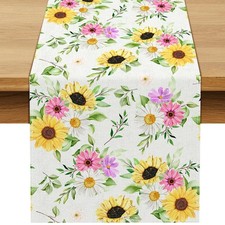 Summer Daisy Sunflower Table Runner Watercolor Wild Floral Wedding Anniversar...