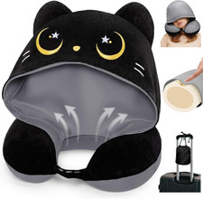 Memory Foam Travel Neck Pillow with Hood, Adjustable Strap, Removable Cover