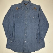 Vtg Streets of Laredo Denim Shirt Men Cowboy Rodeo Pearl Snap Embroidered Sz M