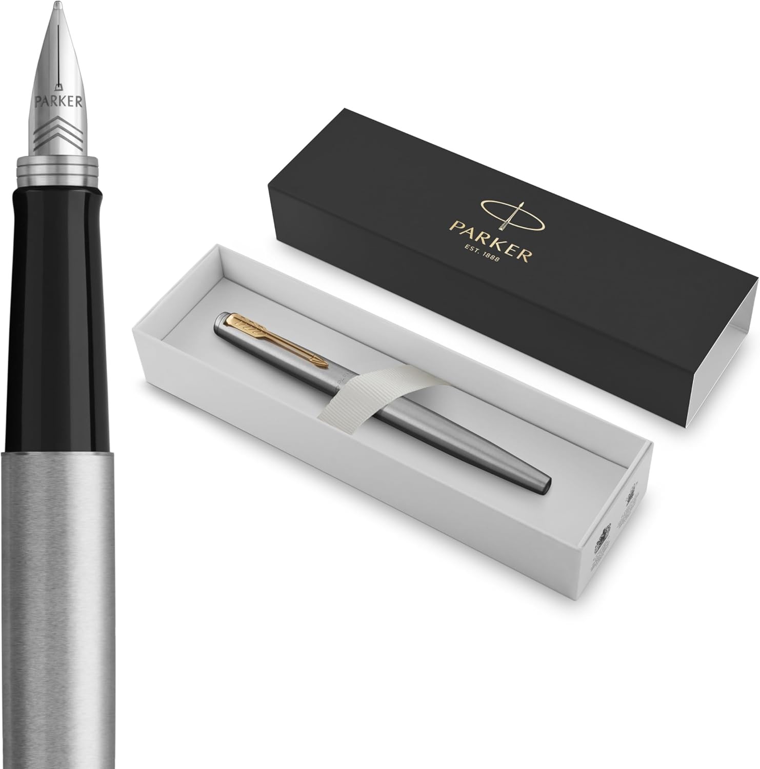 Parker Jotter Fountain Pen Stainless Steel Gold Trim Medium Nib Blue Ink Gift