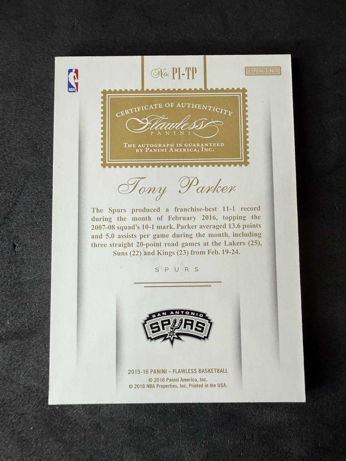 2015-16 Flawless Tony Parker Premium Ink Auto #9/10 Sapphire Jersey # Spurs  view 2