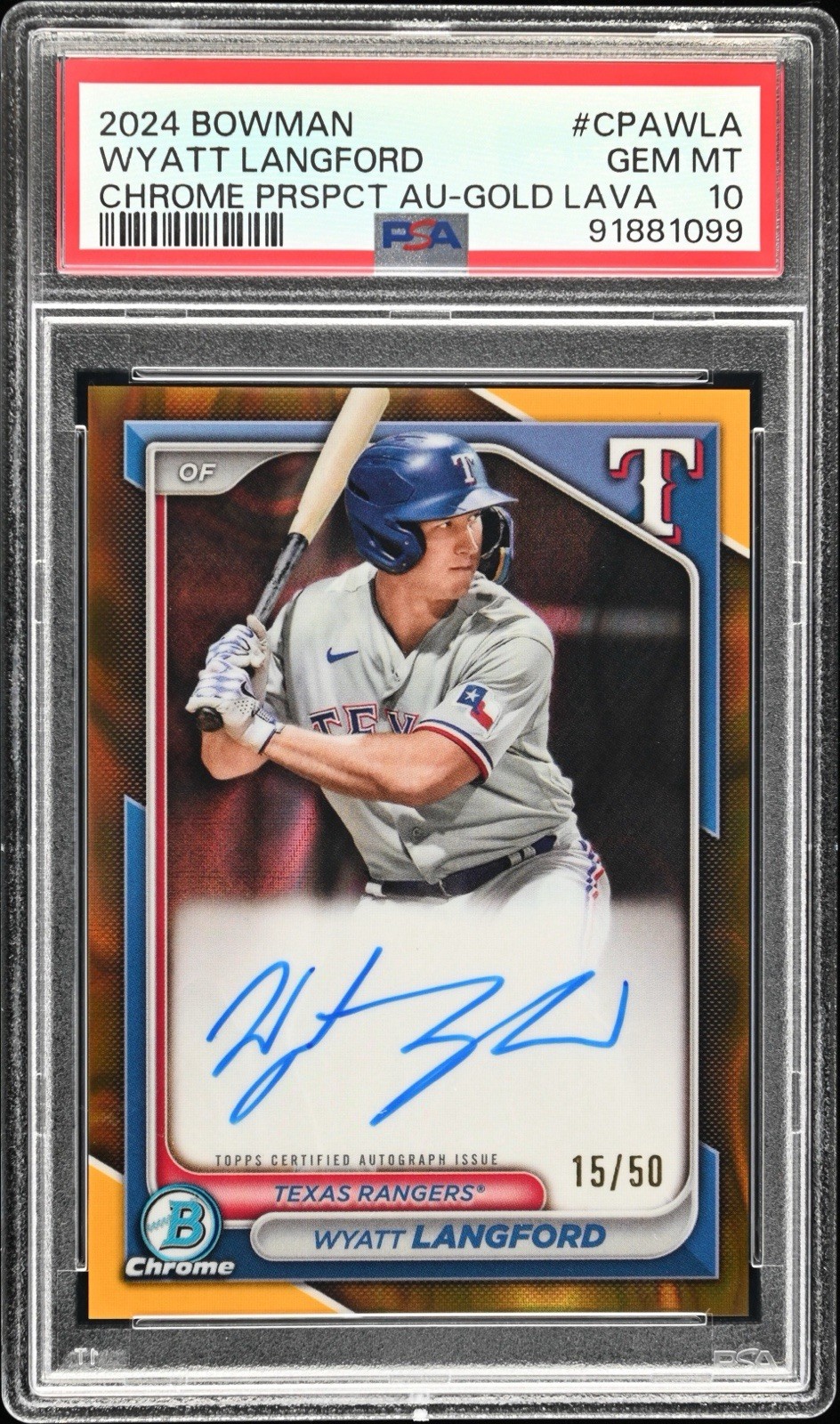 2024 BOWMAN CHROME PROSPECT AUTO GOLD LAVA WYATT LANGFORD 15/50 PSA 10 #CPAWLA