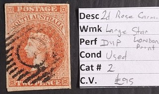 1855 South Australia 2d Rose Carm Imperf Sideface stamp London Print used Ct£95