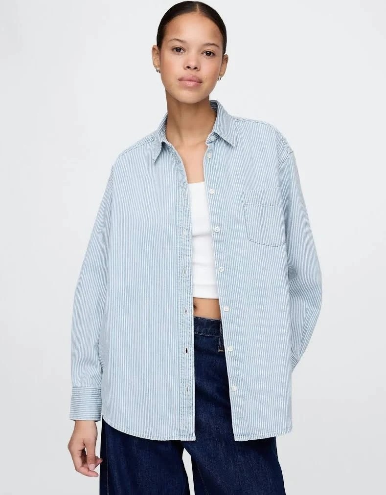 Gap Women's Long Sleeve Denim Stripe Big Shirt Blue White Size L(Tall) NWT
