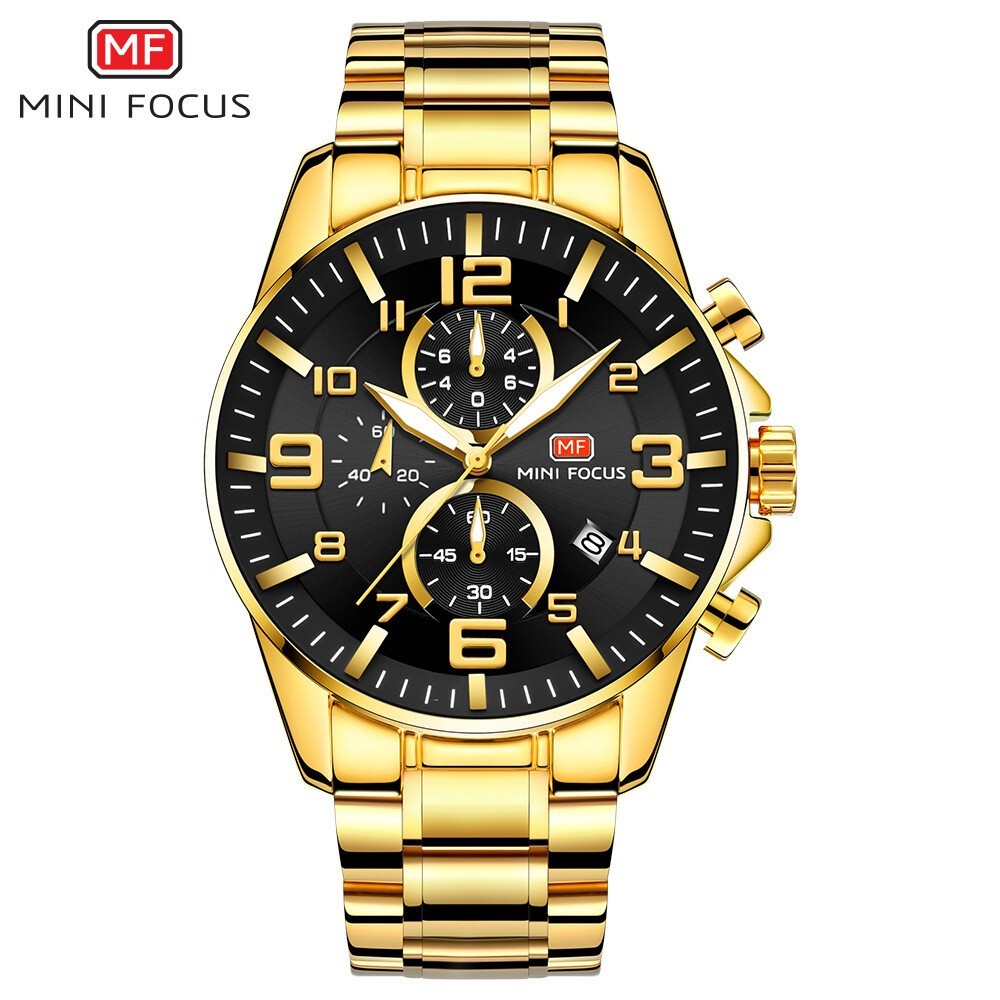 MINI FOCUS Gold Men Chronograph Watch Stainless Steel Quartz Waterproof Luminous