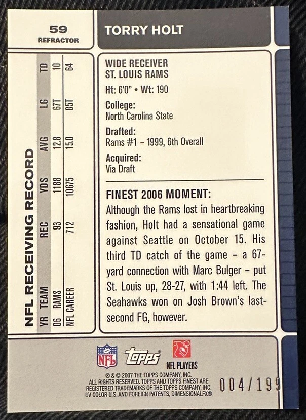 TORRY HOLT Rams 2007 Topps Finest #59 Green Refractor Parallel /199 - Image 2 of 2