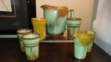 Frankomo Pottery Plainsmen Prairie Green Pitcher & 6 Tumblers Set signed/numberd