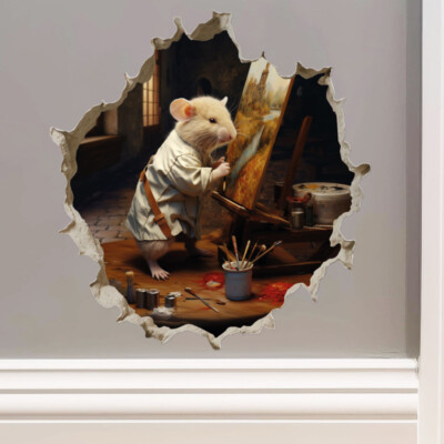Painter Artist Mouse In Mouse Hole 3D Hole Wall Vinyl Sticker Decal