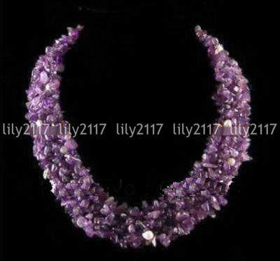 4 rows 4-7MM natural purple amethyst gravel crushed gemstone necklace 17-20inch