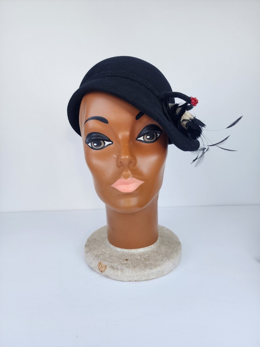 1920-40's Hats For Hanlon Black Cloche Wool Felted Hat Feathers