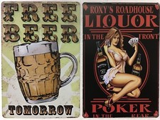 8x12 TIN SIGNS 2pc SET Beer free funny bar man cave liquor poker beautiful girl