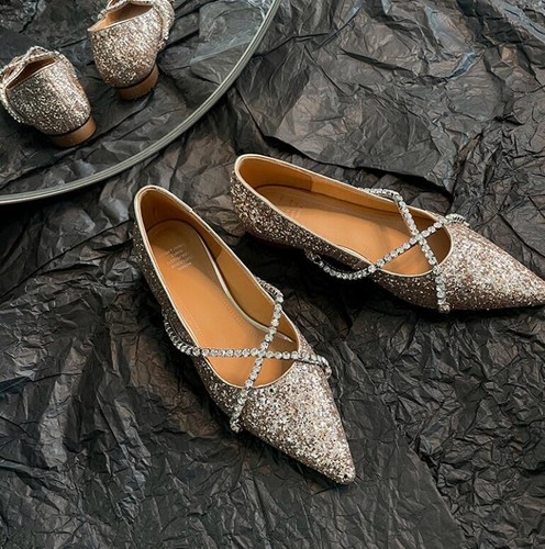Women Sexy Pointy Ballet Flats Sparkly Glitter Slip On Cross Strap Wedding  Shoes | eBay