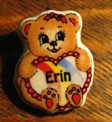 Erin Teddy Bear Pin - Vintage Girl Name Erin Rainbow Heart Stuffed Animal Badge