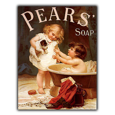 Vintage Style Bathroom Metal Sign Plaque Pears Puppy Dog Soap Ad Wall Picture