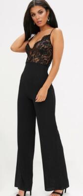 PRETTYLITTLETHING🌺BLACK LACE WIDE LEG STRETCH JUMPSUIT PLAYSUIT