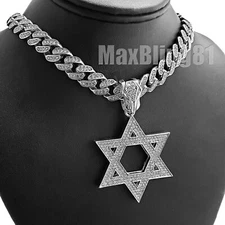 Silver Plated Alloy Star of David Charm Iced Cuban Cubic Zirconia Chain Necklace
