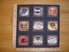 Coffee Anyone Cups Mugs Saucers Cotton Quilt Fabric Panel Blocks 9 