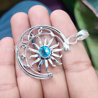 London Blautopas Edelstein 925 Sterling Silber Anhänger Sonne und Mond Gesche...