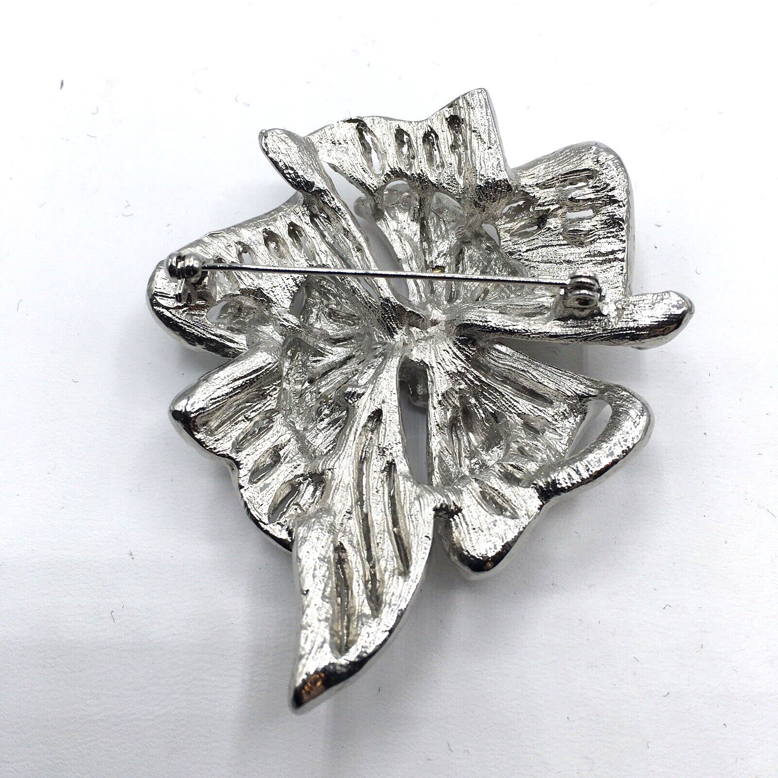 Large Scroll Ribbon Waterfall Silver Tone Clear R… - image 7