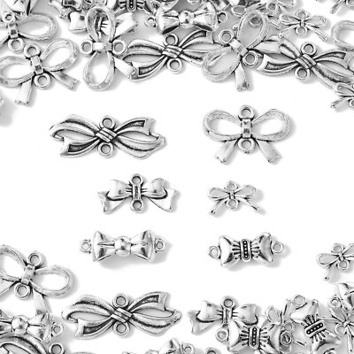 60 Pcs Antique Silver Bowknot Connector Charms - Jewelry Making Supplies For DIY Crafts
