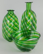 3 Pc Set Vintage Hand Blown Italian Murano Green Spiral Art Glass Vases  Bowl