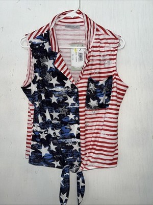 Keren Hart NWT Sleeveless Blouse Size L American Flag Button Tie Bling Stars