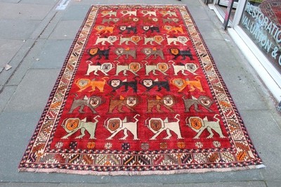 Vintage Traditional Hand Made Oriental Gabbe Wool Red Carpet 287x150 Animal Lion