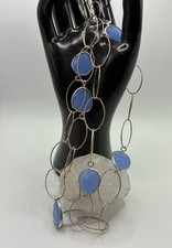 Sterling Silver 925 Diamond Cut Oval Links & Faceted Blue Chalcedony 36”Necklace