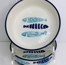 2 Signature Cat Bowl Dish Blue & Aqua Fish Design 5" Stoneware Food/Water New
