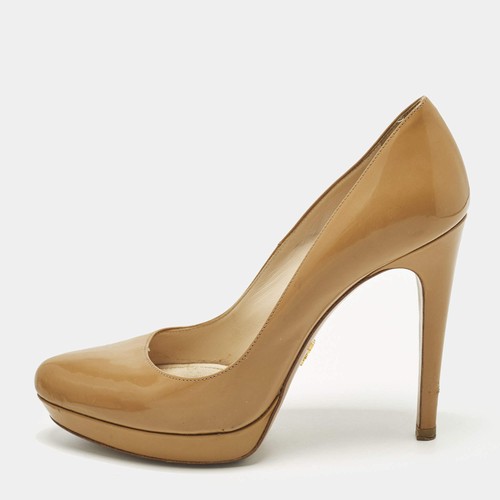 Prada Size 38 Beige Patent Leather Platform Pumps