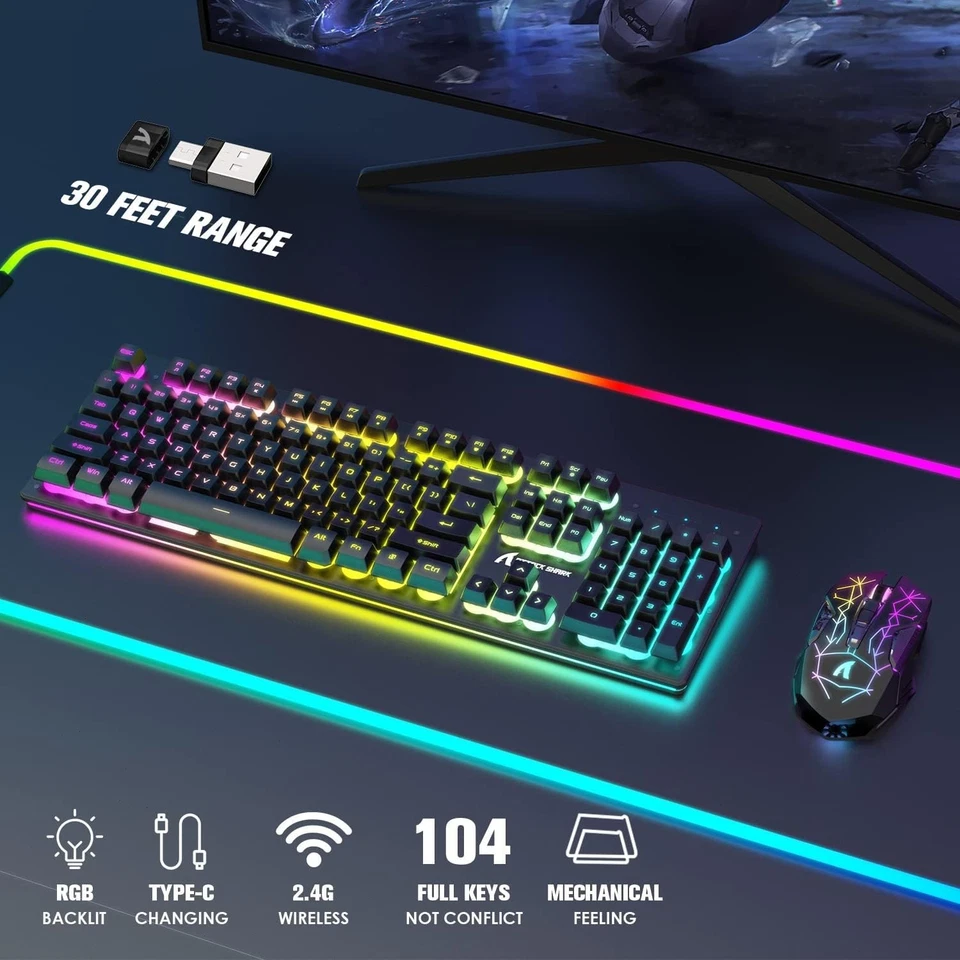 T3 Wireless Gaming Keyboard and Mouse Combo RGB Backlit Rechargeable for PC Mac - Image 2 of 4