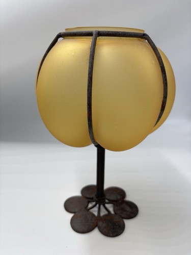 Vintage Art Deco Handblown Caged Amber Glass Wrought Iron Pedestal Candle Holder