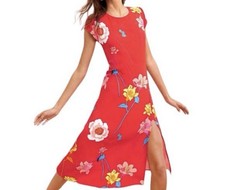 Loft Plus Size 26 Summer Dress Red-orange Floral Cap Sleeve Crepe Midi Back Zip