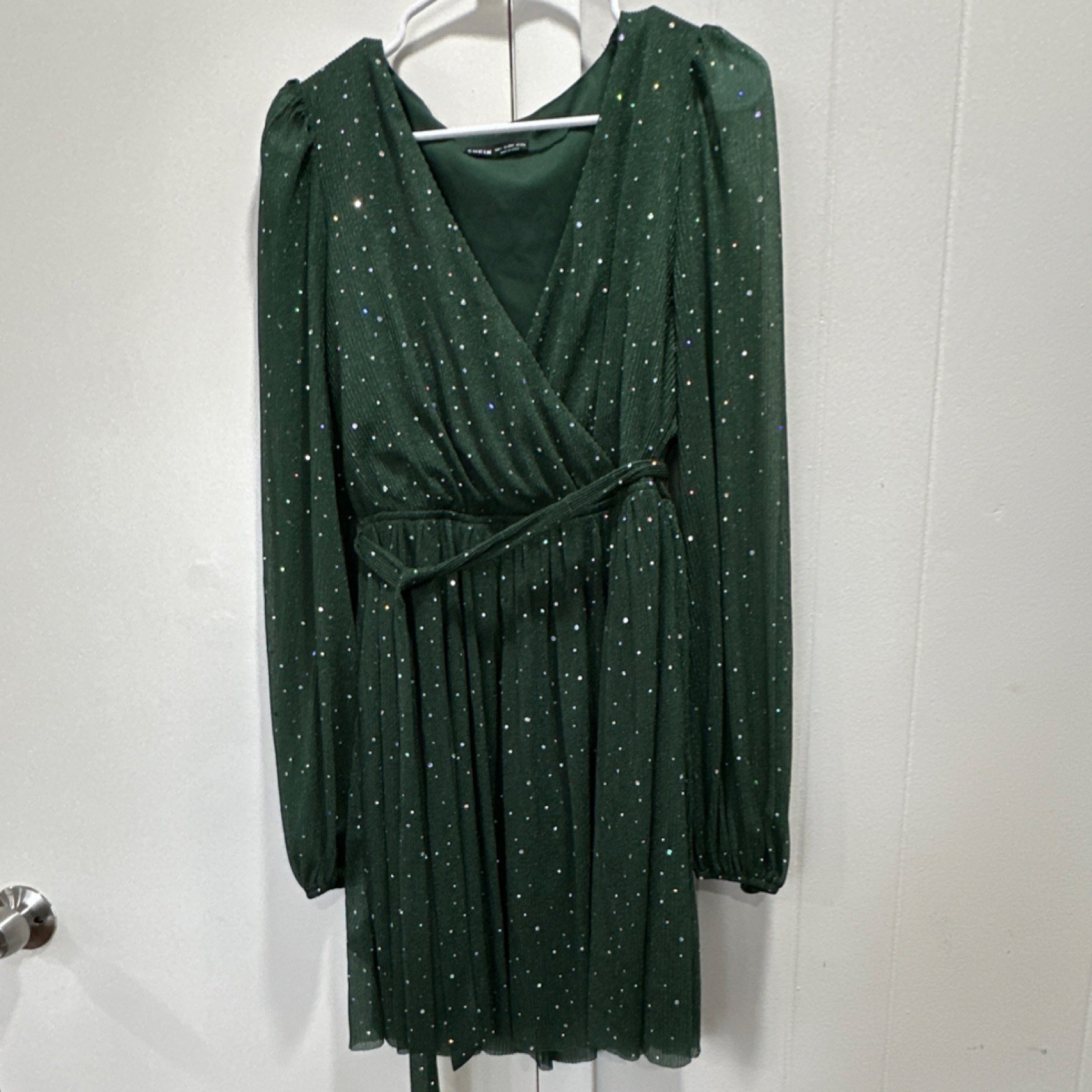 SHEIN Green Sequin Wrap Mini Dress Belted V-Neck Long Balloon Sleeve Size L