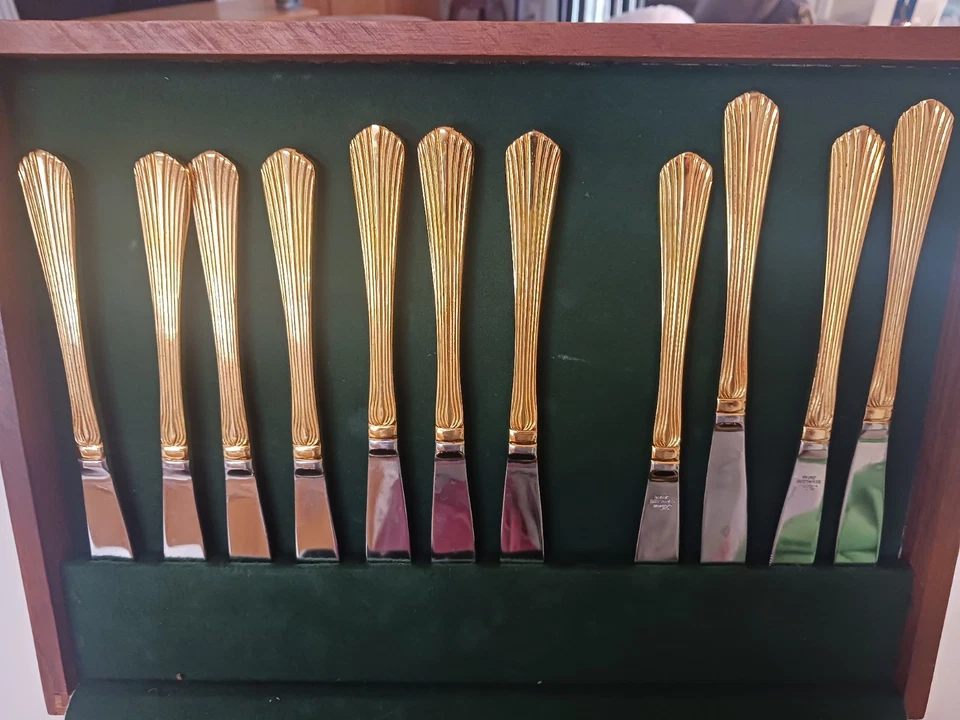 Cubiertos de acero inoxidable enchapados en oro con patrón KANU Japón para servir 12 piezas EP SS Box Inc Foto 3 de 4