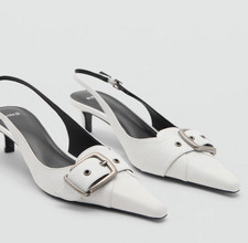 NEW MANGO MNG WHITE BUCKLE SLINGBACK KITTEN HEELS SHOES SZ 37 6.5