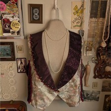 Vintage Patchwork Tapestry Vest Women's XL Cream Purple Floral Brocade