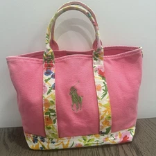 Ralph Lauren Mini Cotton Canvas Tote Bag Purse Pink Floral Green Polo Logo