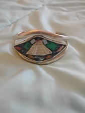 Brazalete Alpaca De Colección México Pirámide Maya Turquesa Abulón Ojo de Tigre Incrustación