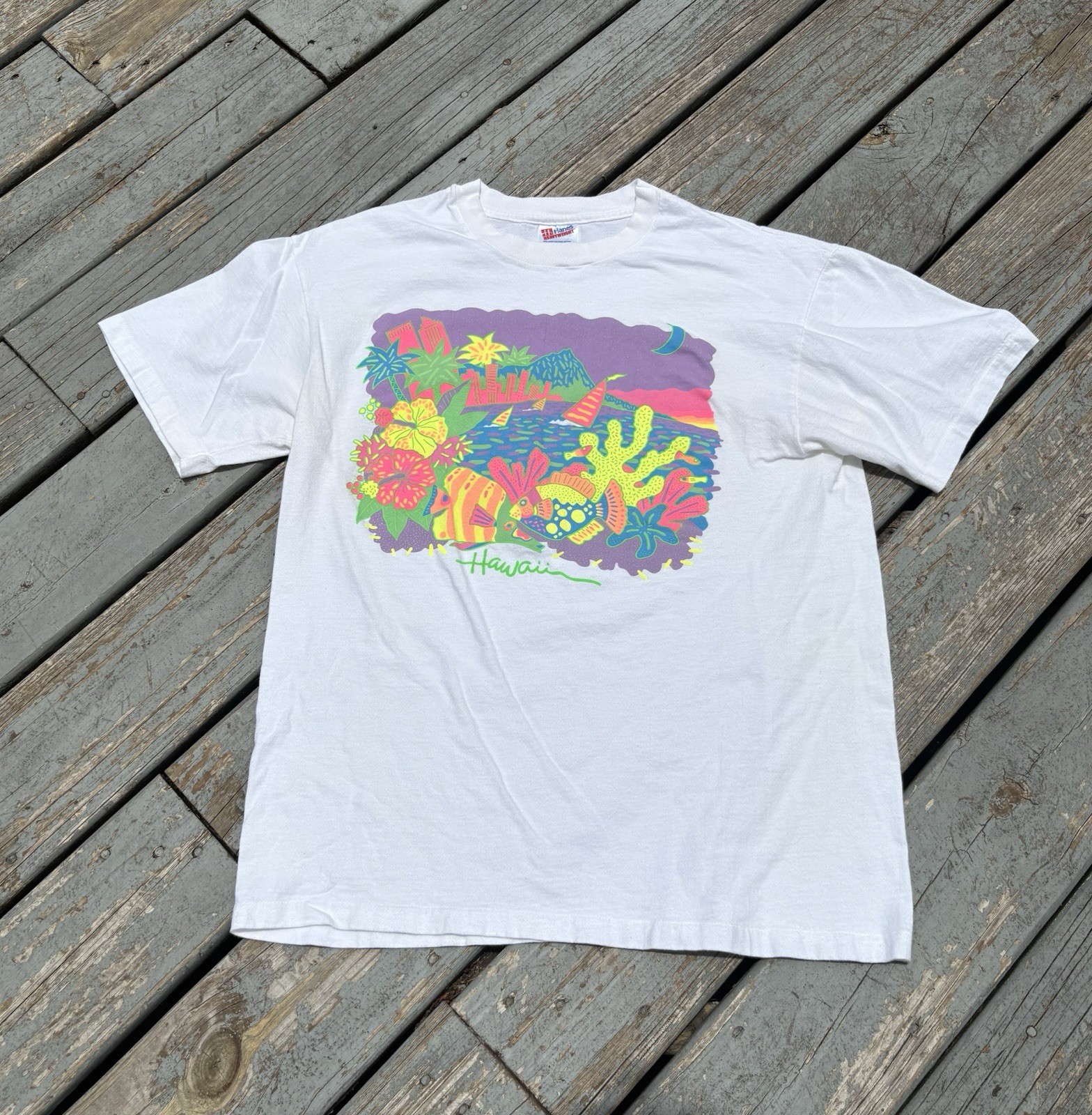 Vintage Hawaii Neon Tourist Coral Reef Tee Shirt Mens Large 90s Single Stitch