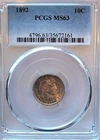 1892   PCGS MS-63   Barber Silver Dime   colorful toning on obverse.   #185.