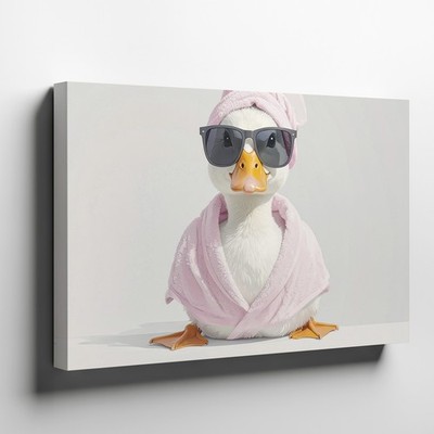 Canvas Wall Art a Stylish and Cheeky Image of a Duck Wearing a Pink Towel and