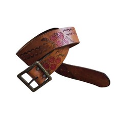 VTG 70s Handmade Western Cowgirl Belt Tooled Rose Tan Leather Brass Buckle