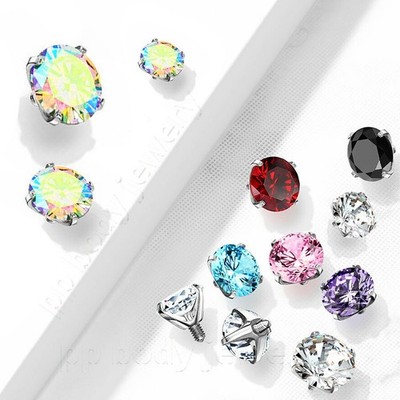 1pc. 14G Internally Threaded Surgical Steel CZ Round Prong Set Dermal Anchor Top