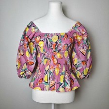 Image of Scotch & Soda Smocked Lemon Print Top Pink Puff Sleeve Peplum Cotton Size 36 / 8