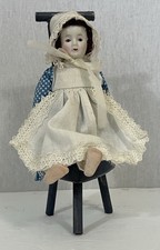 Vintage Doll Porcelain Head Hands Feet Blue Dress White Apron Hat On Chair