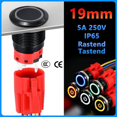 19mm Metall Druckschalter Drucktaster Rastend Tastend 3V-220V Schwarz LED IP65